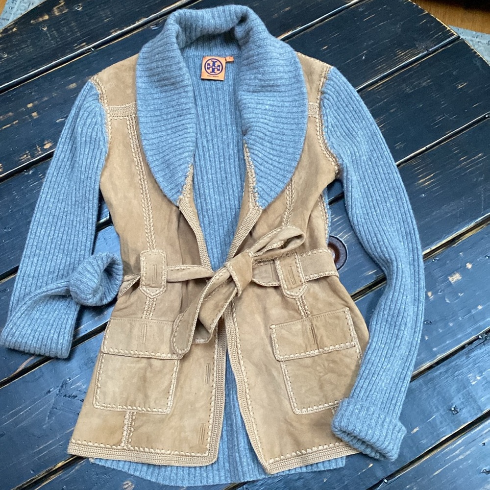 Tory Burch Suede Leather and Merino Wool Belter Jacket